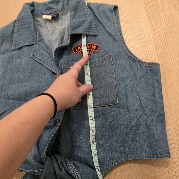 Vintage Sportswear Sleeveless Denim Button Up Y2K Grunge Western Tie Shirt Sz L - Picture 5 of 7